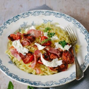 Roasted Tomatoes Pasta with grilled Pancetta and Burrata recipe
