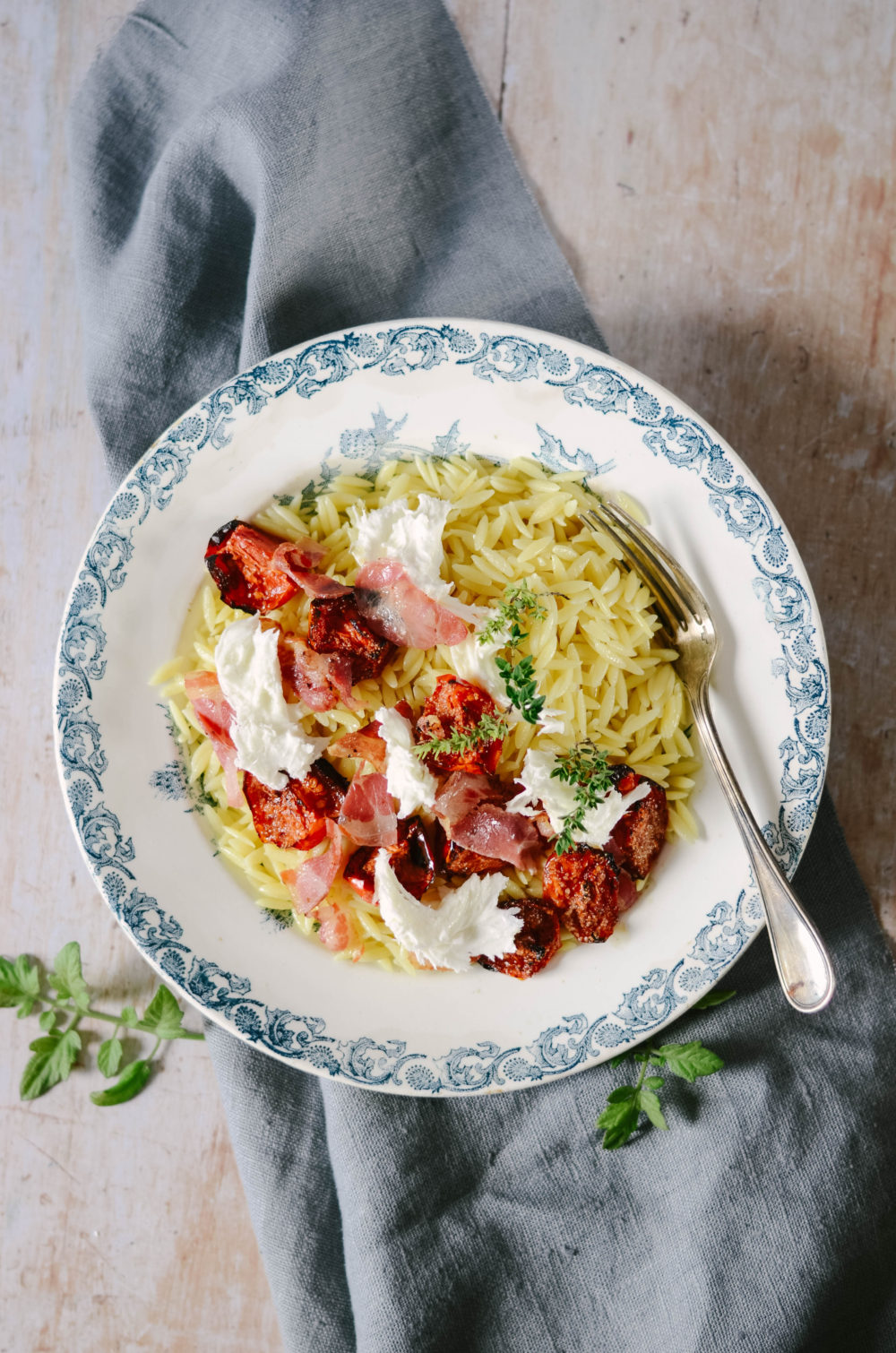 Roasted Tomatoes Pasta with grilled Pancetta and Burrata recipe