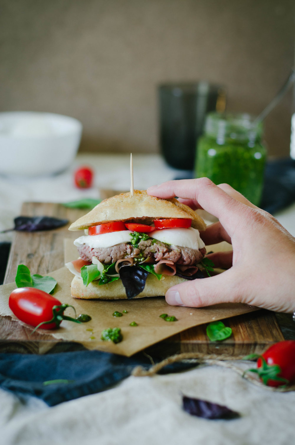 Italian Pesto Burger with Parma Ham and Mozzarella recipe