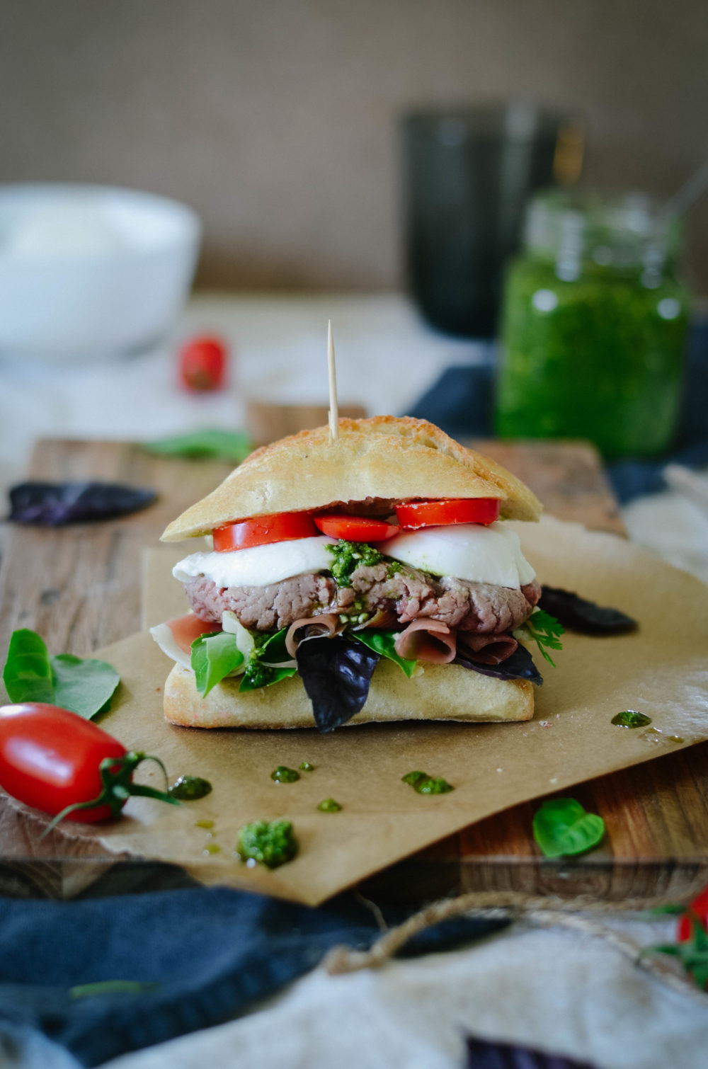 Italian Pesto Burger with Parma Ham and Mozzarella recipe