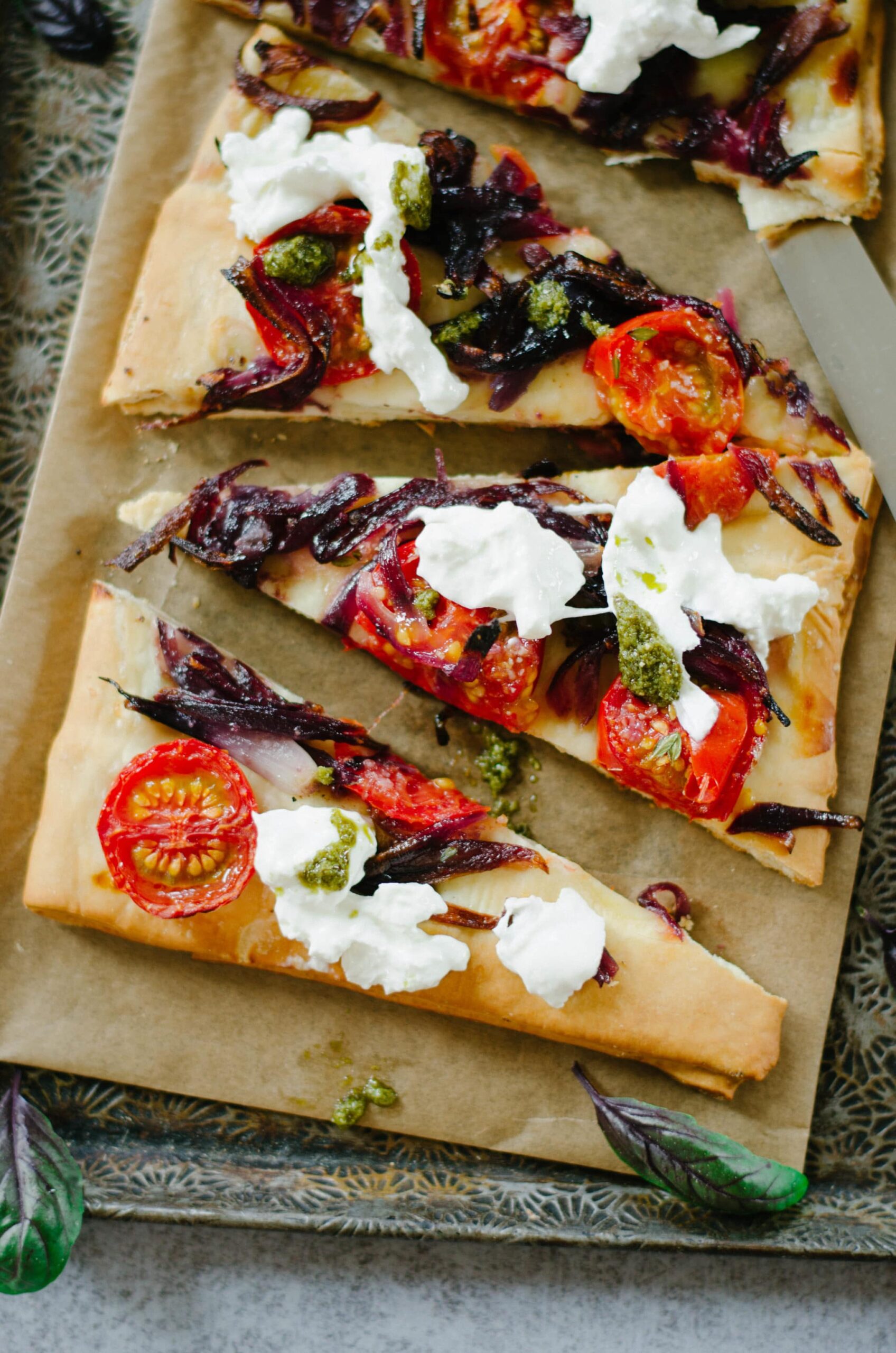 Tomato Focaccia with Burrata and Onion - Recipe