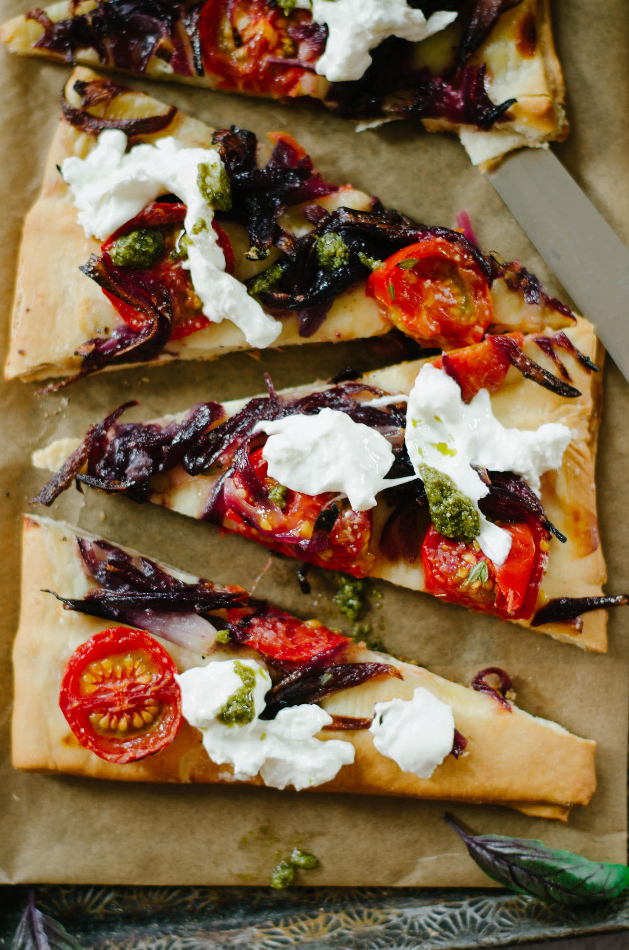 Tomato Focaccia with Burrata and Onion recipe