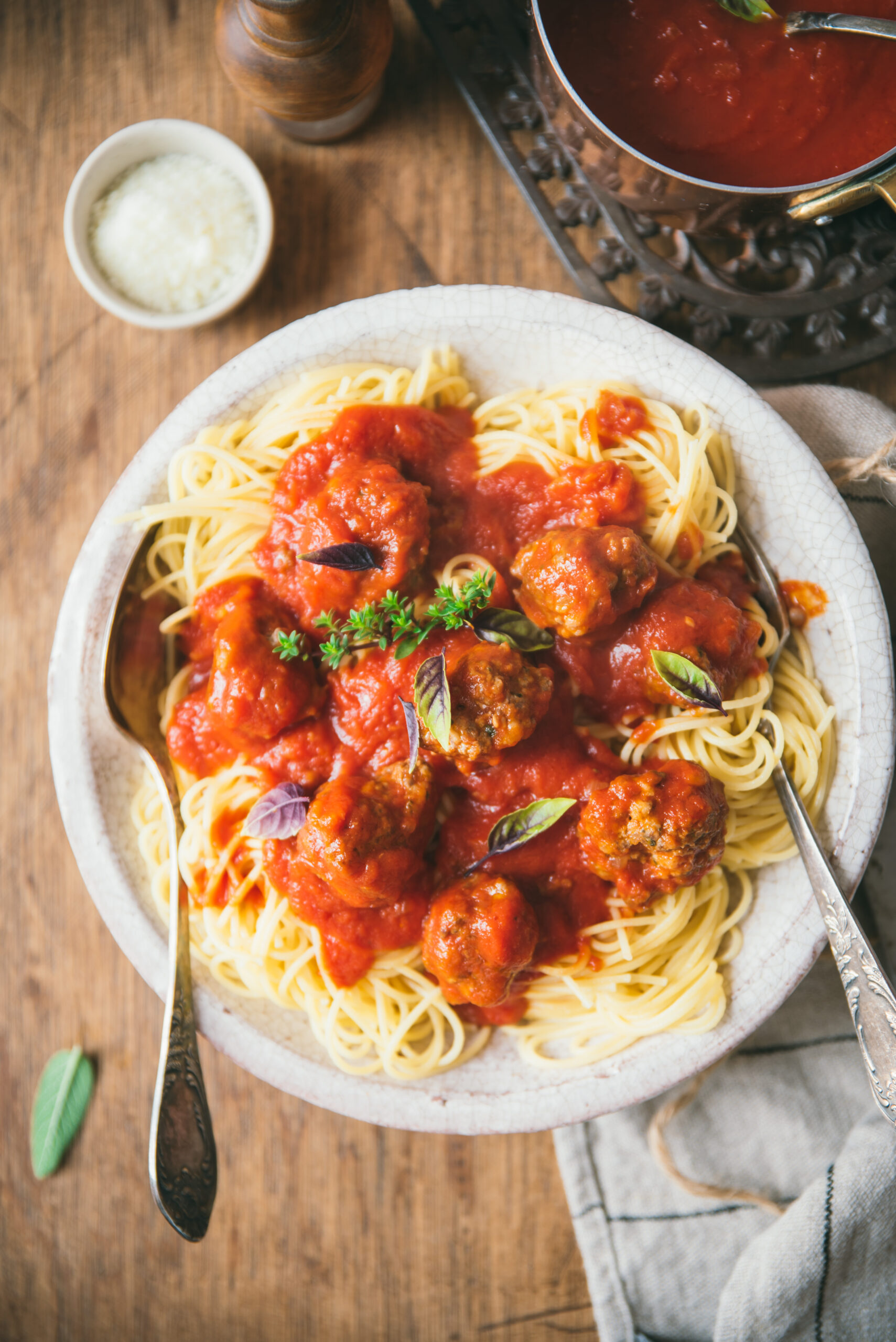 Spaghetti and meatballs in tomato sauce