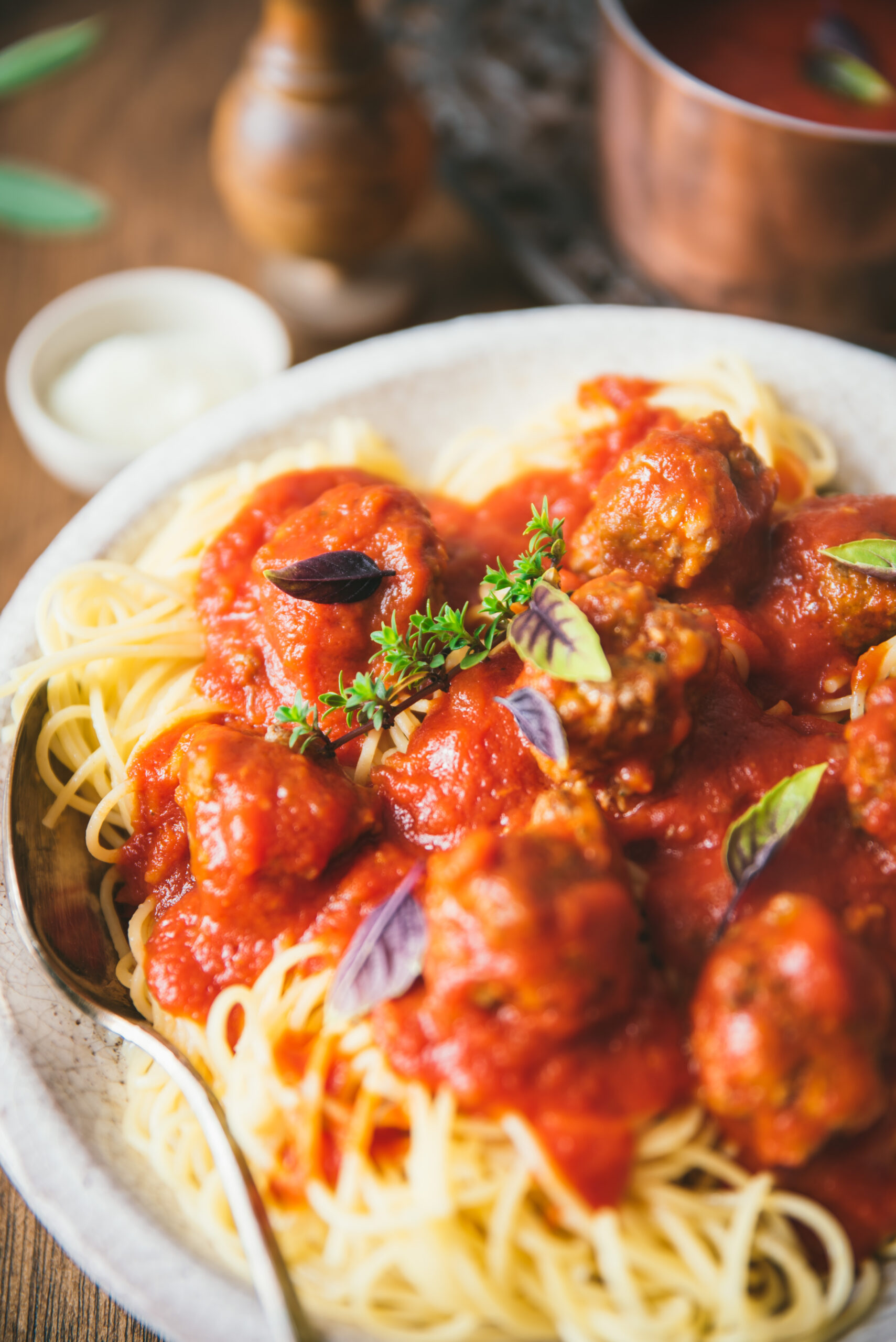 Spaghetti and meatballs in tomato sauce