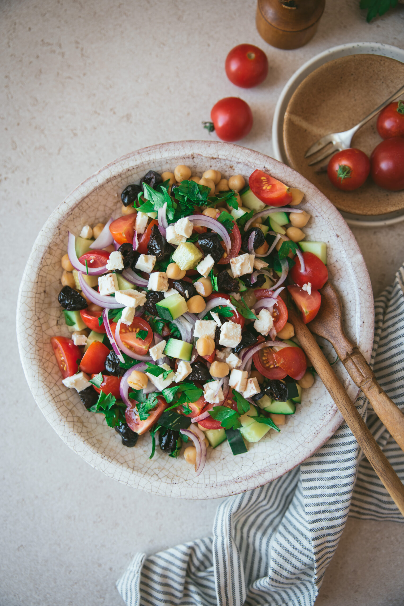 Mediterranean Chickpea Salad with Tomato, Cucumber and Feta