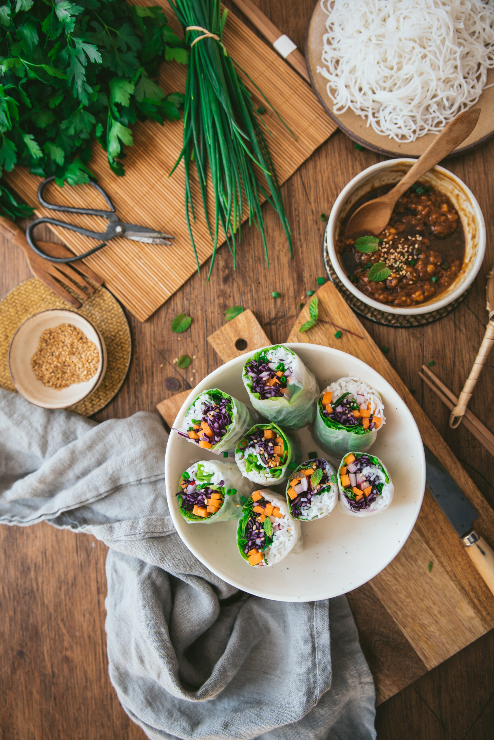 Vegetarian Rainbow Spring Roll with Peanut Sauce