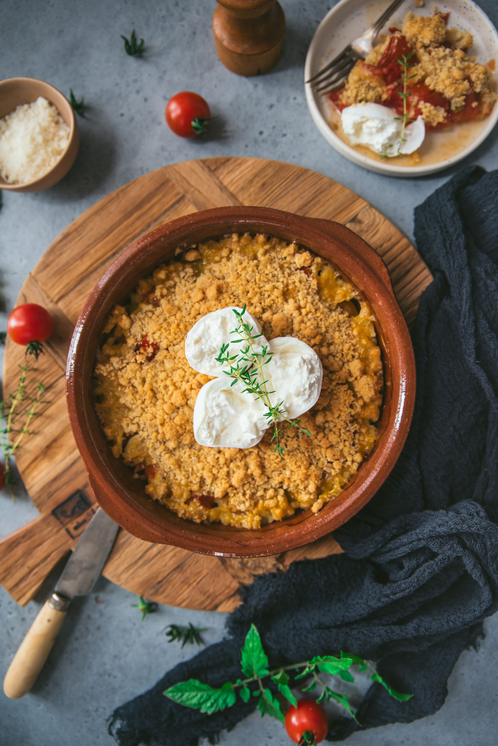 Cherry tomato crumble with parmesan and burrata recipe