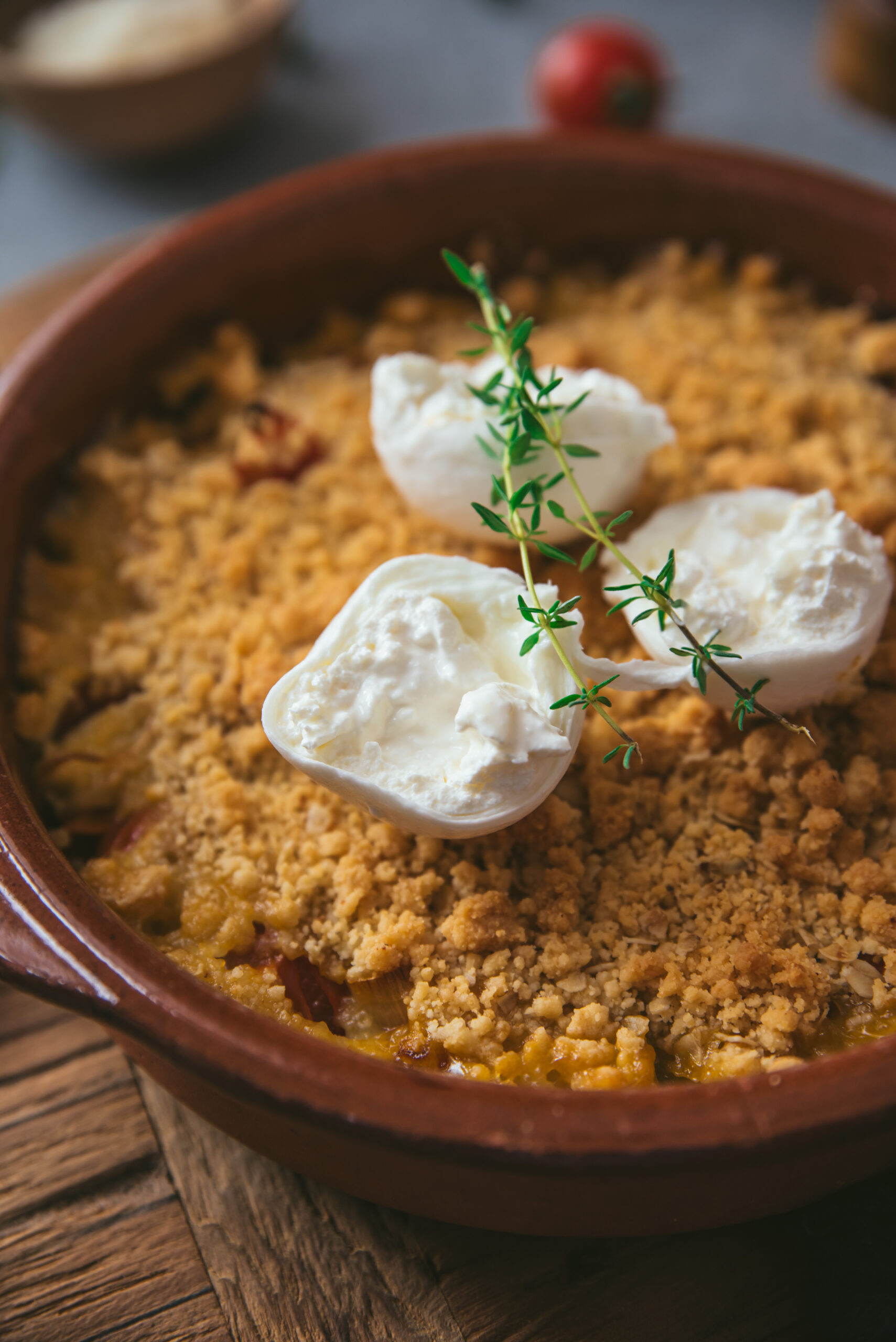 Cherry tomato crumble with parmesan and burrata recipe