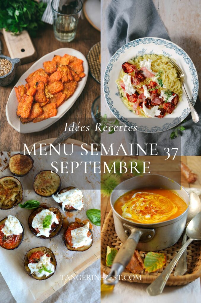 Idées recettes - Menu de la semaine 36 Septembre Voici la 36ème semaine de l'année et avec la rentrée on se sent parfois un peu dépassé par la reprise. Voilà ma sélection d'idées recettes pour bien commencer cette première semaine du mois de septembre : 5 repas salés + 2 desserts, 1 recette apéritive et 1 boisson. La plupart des recettes que je propose ici sont des plats faciles à préparer qui nécessitent peu de matériel et qui suivent la saisonnalité des aliments pour qu'ils soient frais, savoureux et plutôt économiques. Pas besoin d'être un cordon bleu pour bien manger, ces recettes s'adressent à tous et toutes, que vous soyez seul(e), en couple, en famille... il suffira simplement d'adapter les quantités. Comment planifier ses repas de la semaine ? Planifier ses menus de la semaine me semble essentiel afin de manger le plus sainement possible, pour avoir une vision équilibrée de ses repas, manger de saison, faire des économie et limiter le gaspillage... L'idée dans ces menus, c'est également de faciliter les courses et la préparation des repas. C'est pourquoi vous retrouverez parfois certains même ingrédients dans plusieurs recettes mais accordés de différentes manières. Cela rend l'organisation et la cuisine plus aisée. C'est le principe du Batch cooking. Planning Repas de la semaine + Courses Idées recettes - Menu de la semaine 36 de Septembre En cliquant sur chaque recette ci-dessous, vous aurez accès instructions détaillées et au détail des ingrédients dont vous aurez besoin pour la préparer. Il vous suffira simplement de constituer votre planning de repas et votre liste de courses personnalisée pour la semaine. Idées recettes de plats salés pour les Menus de la semaine 36 du mois de Septembre Tarte courgette, fromage de chèvre et ricotta Cannelloni d’aubergine à la ricotta Rougail saucisse Tomates farcies au poulet Salade de concombre, feta, melon et noisettes 1. Tarte courgette, fromage de chèvre et ricotta 2. Cannelloni d’aubergine à la ricotta 3. Rougail saucisse 4. Tomates farcies au poulet 5. Salade de concombre, feta, melon et noisettes Idées recettes de desserts pour les Menus de la semaine 36 du mois de Septembre Banana Bread ultra-moelleux au chocolat Fondant au chocolat et poudre d’amande 6. Banana Bread ultra-moelleux au chocolat 7. Fondant au chocolat et poudre d’amande Idées recettes apéritives pour les Menus de la semaine 36 du mois de Septembre Cocktail rosé à la framboise Plateau apéritif dînatoire healthy 8. Cocktail rosé à la framboise 9. Plateau apéritif dînatoire healthy Quels sont Les Fruits et Légumes de Saison en Septembre ? Que mange t’on en fin d'été ? Les mois de septembre marque la transition entre l'été et l'automne c'est un pur bonheur au niveau des fruits et légumes ! Il y en a pour tous les goûts et de toutes les couleurs ! Je pense que c'est un de mes mois préférés de l'année en cuisine. Les légumes : Ail – Artichaut – Aubergine – Avocat – Batavia – Blette – Brocoli – Carotte – Céleri branche – Chou rouge – Chou-chinois – Chou-fleur – Concombre – Courgette – Échalote – Épinard – Fenouil – Haricot vert – Haricot blanc – Maïs – Petit oignon blanc – Petit pois – Pois mange-tout – Poivron – Pomme de terre – Potimarron - Radis – Roquette – Tomate – Salade Les fruits : Abricot – Airelle – Banane – Cerise – Citron – Fraise – Framboise – Fruit de la passion – Groseille – Litchi – Mangue – Melon – Mirabelle – Mûre – Myrtille – Nectarine – Pastèque – Pêche – Prune Les herbes fraîches : Aneth – Basilic – Ciboulette – Coriandre – Menthe – Sauge – Roquette – Thym – Romarin  Infos utiles Vous pouvez consulter le calendrier les fruits et légumes de saison qui vous donnera d'autres idées de repas à cuisiner si ceux sélectionnés ne vous conviennent pas. Je vous invite également à consulter ma liste de courses alimentaires à personnaliser qui vous facilitera le quotidien pour ne rien oublier lors de vos achats. Vous pourrez également retrouver les grands principes du batch cooking et les autres idées menus. Calendrier fruits & légumes Liste de courses Batch cooking Autres Menus Idees-recettes-–-Menu-de-la-semaine-37-Septembre