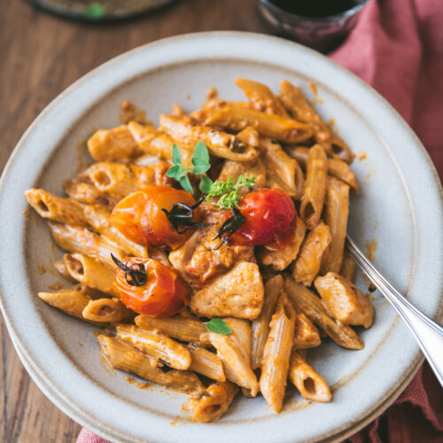 Pâtes poulet sauce crémeuse chorizo tomate