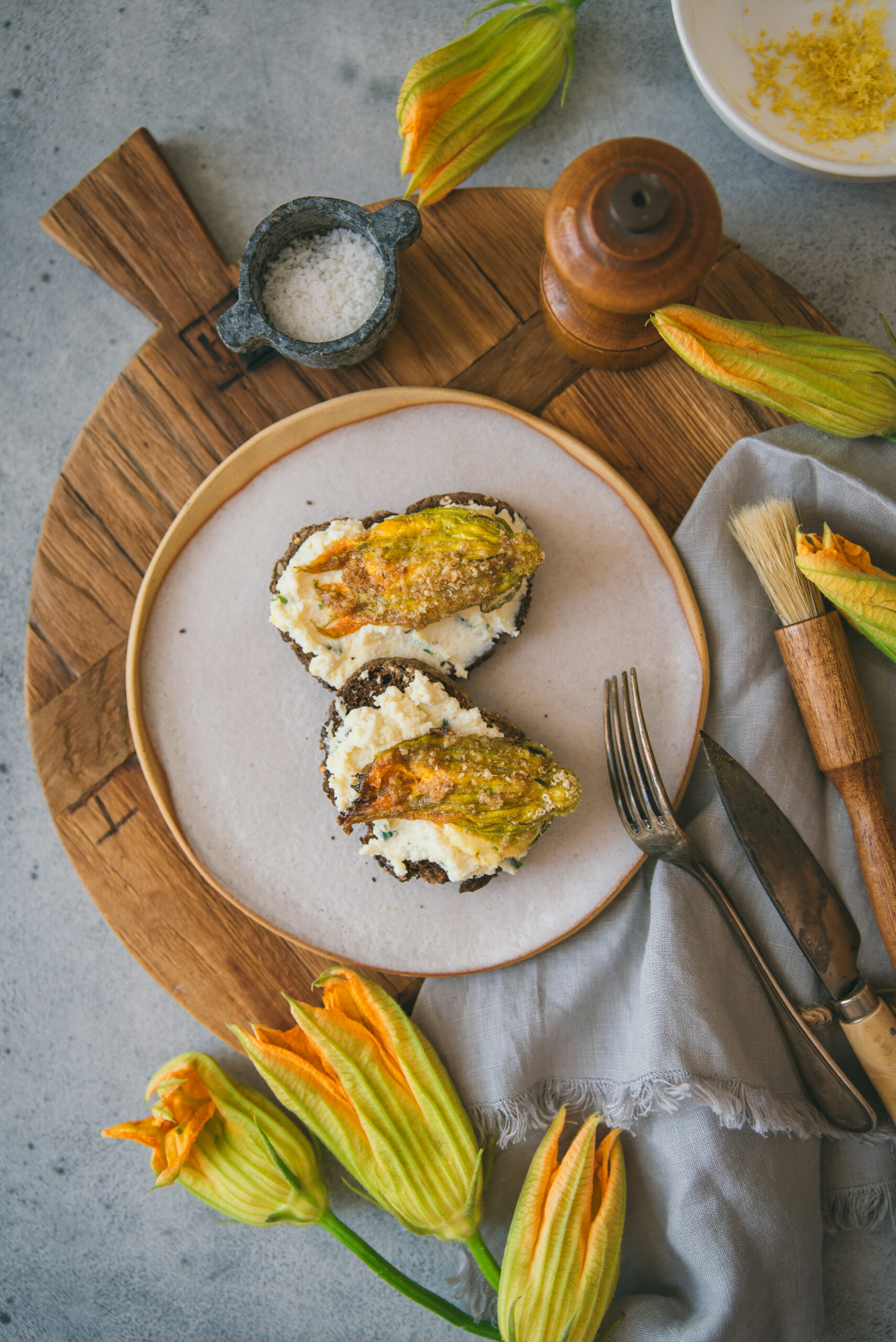 Stuffed Zucchini Flowers on toasts